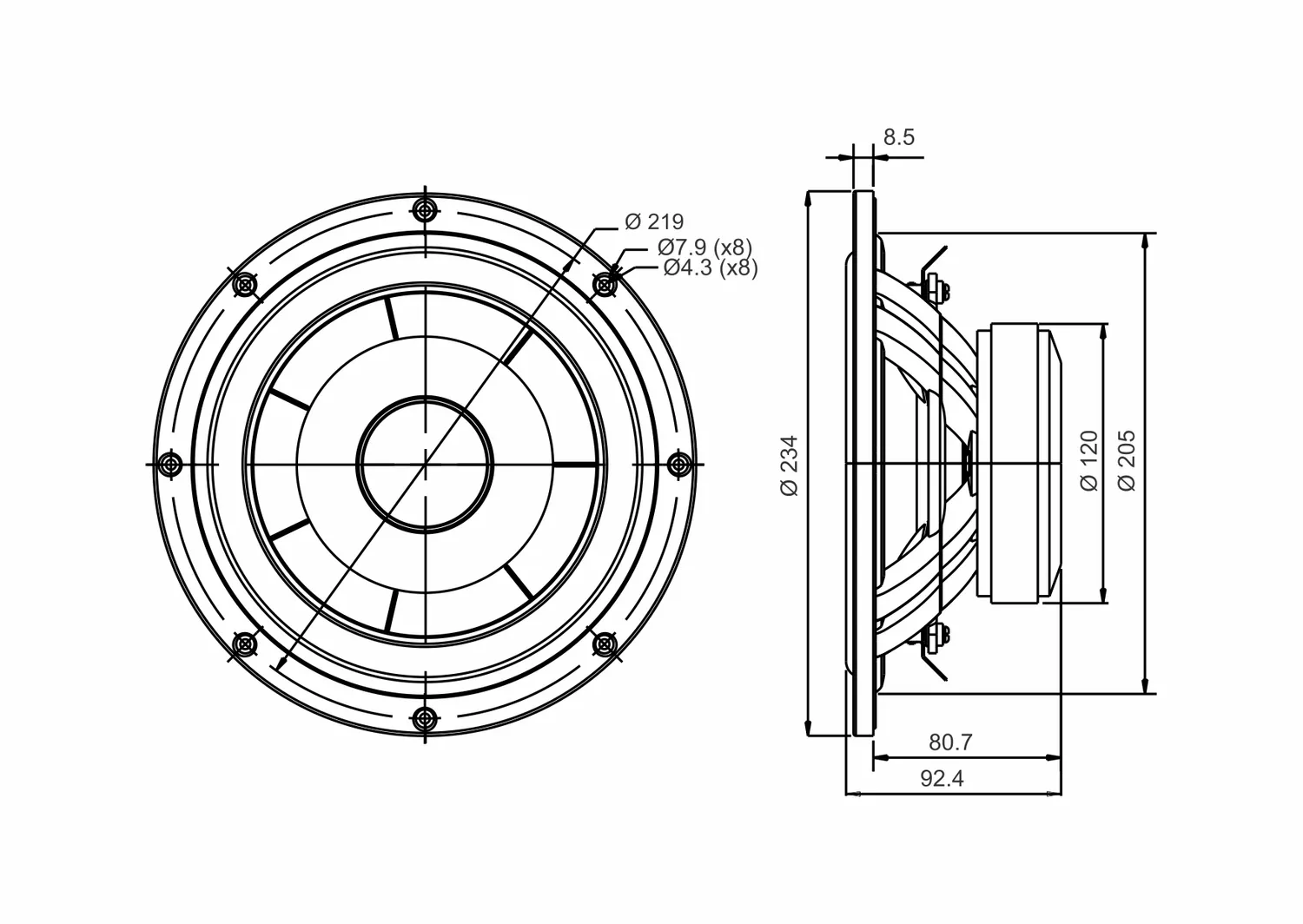 SB Acoustics SB23NBACS45-4 woofer 8" alluminio 4 Ohm