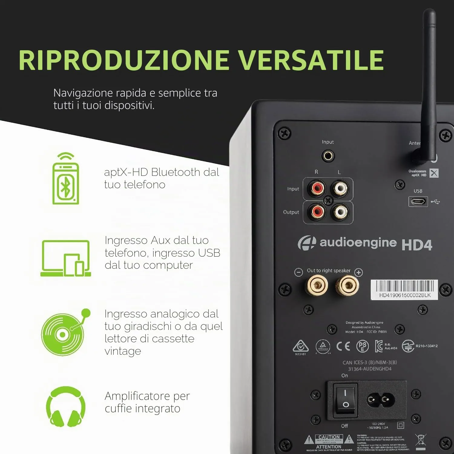 Audioengine HD4 diffusori da scaffale nero Bluetooth aptX HD