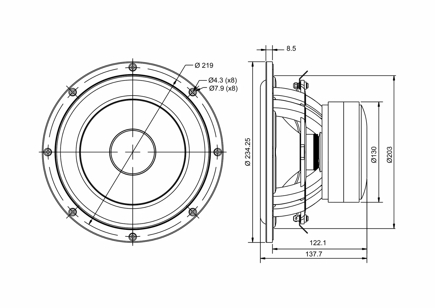 SB Acoustics SB23MFCL45-4 subwoofer polipropilene 8" 4 ohm